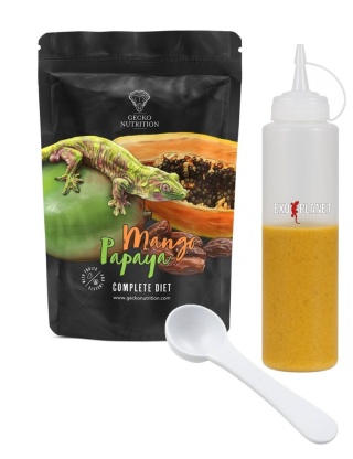 Gecko Nutrition Zestaw: Mango & Papaya 100g + Butelka do wyciskania pokarmów 230ml + Łyżeczka-miarka MiniSpoon